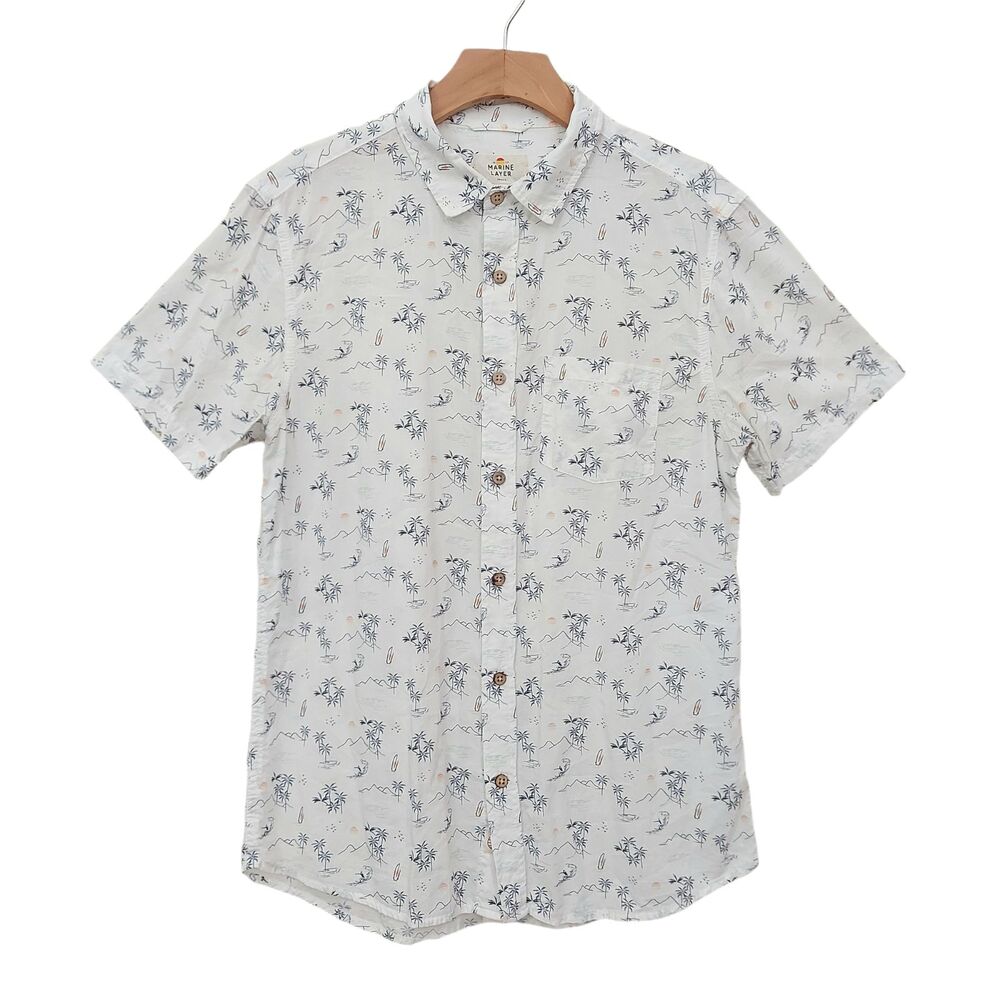Marine Layer White Short Sleeve Button-Down Shirt with Blue Floral Print